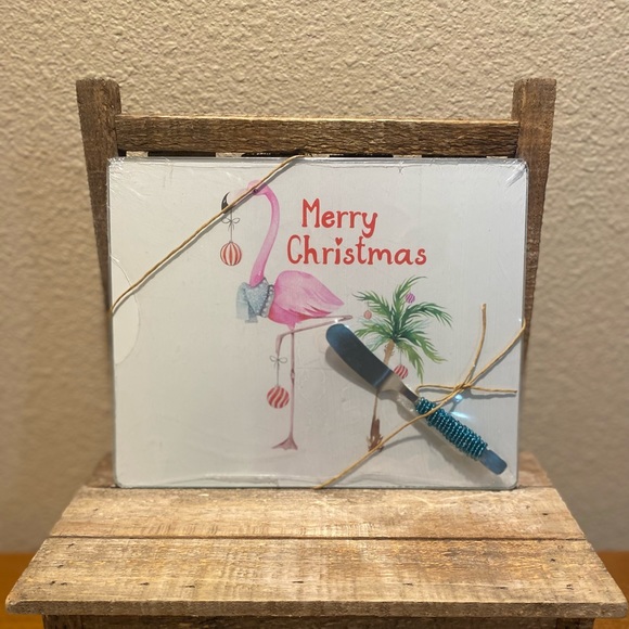 Christmas Flamingo Cutting Board With Spreader, Glass Flamingo Cutting Board - Picture 2 of 16